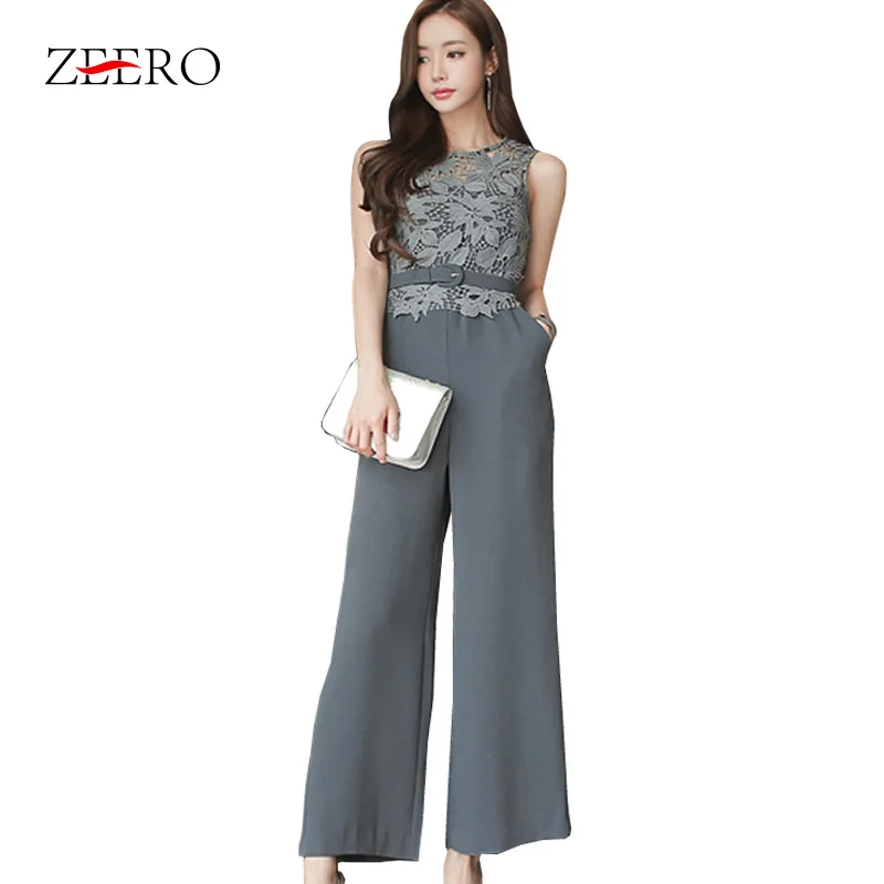 Женский комбинезон серый кружевной с высокой талией без рукавов широкие брюки