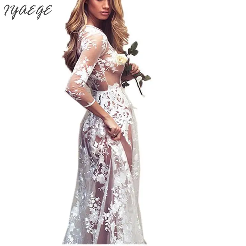 Женское кружевное платье Белое Прозрачное с цветочным принтом и О образным