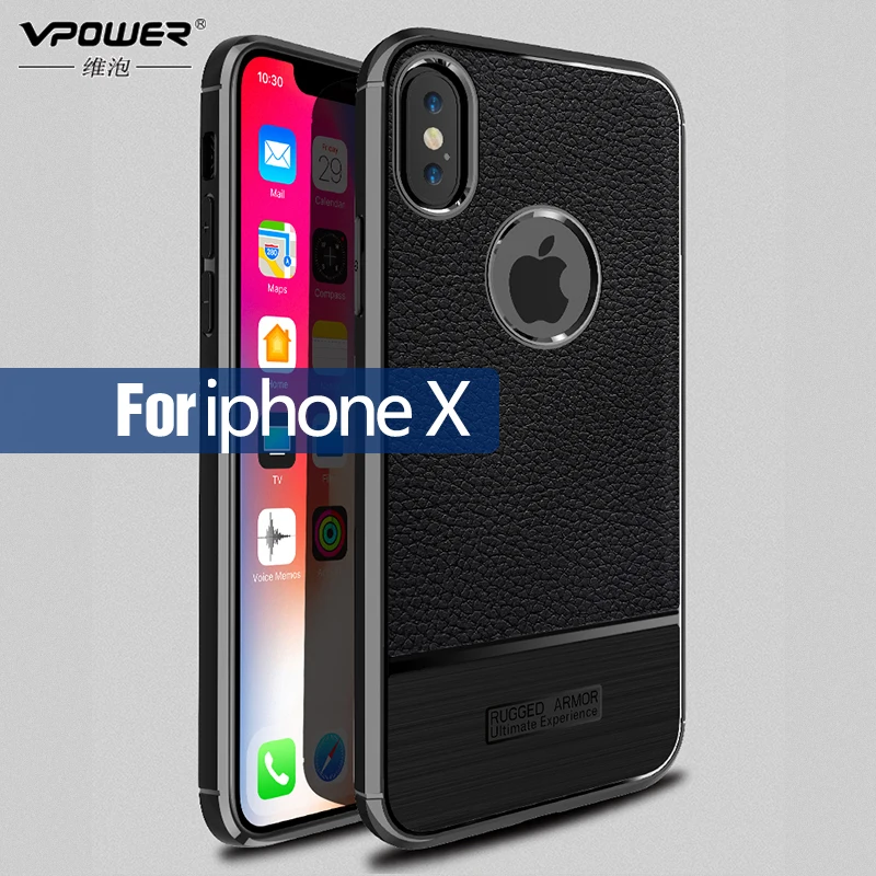 Тонкий чехол с текстурой личи для iPhone X Vpower силиконовый мягкий бронированный из