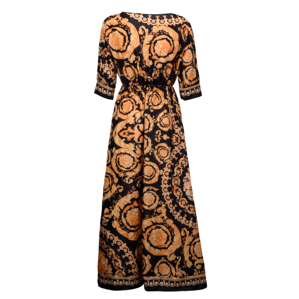 Женское длинное платье с цветочным принтом Boho в пол коротким рукавом и прямым