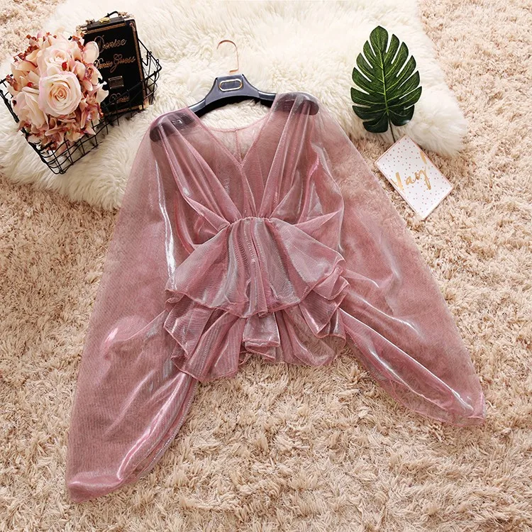 Новая женская кружевная сетчатая блузка Cakucool прозрачные блестящие блузки