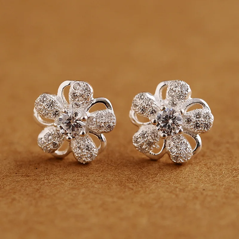 

925 sterling sv flowers elegant Small zircon stud earrings Korean sweet ear jewelry fashion simple woman gift