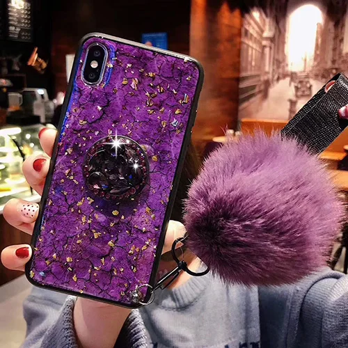 purple Note10PRO Блестящий самодельный меховой шарик для волос+ Кристальный кронштейн+ ремешок чехол для телефона для samsung S8 S9 S10 Plus Note 8 9 для iphone 11 Pro MAX 7 8Plus XS MAX XR - Цвет: purple