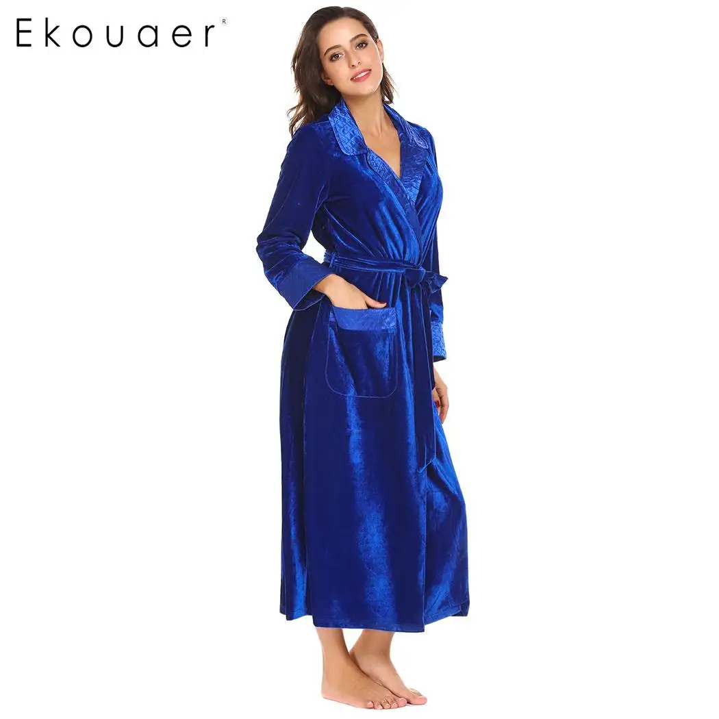 Ekouaer Women New Winter Robes Bathrobes Casual Turn Down Collar Long Sleeve Patchwork Pocket Velvet Robe with Belt Nightwear