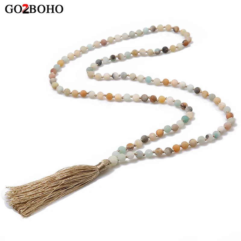 Go2boho 108 Мала Бусы Ожерелье s Длинная кисточка ожерелье Женская Йога ювелирные изделия 6 мм Амазонит Природный камень Бохо ручной работы завязанный