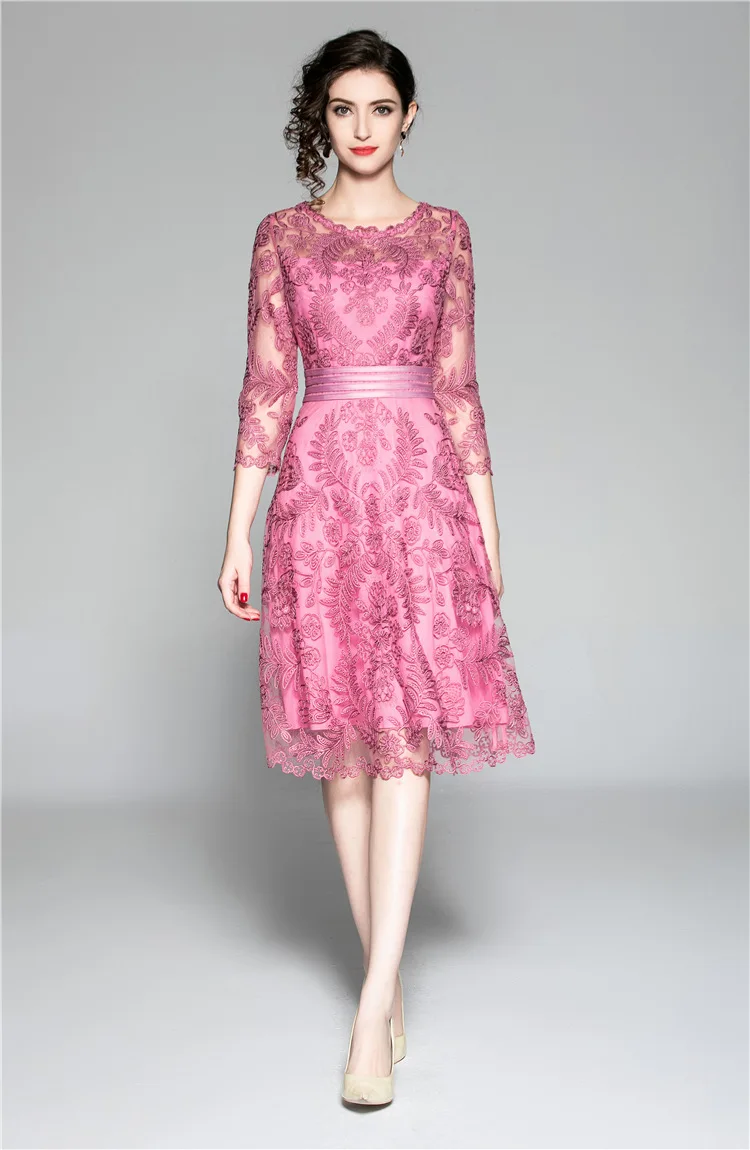Slim Fit& Flare Dress осенние модные вечерние коктейльные девушку o-образным вырезом восхитительный повторяющийся вышивка Сетчатое платье Vestidos Fiesta