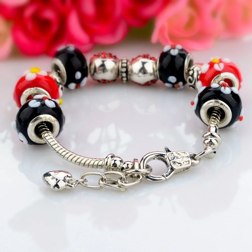 Attrtto Модные DIY Strand браслеты для женщин серебряная змея цепь черный красный цветок бусины сердце браслеты и браслеты SBR150050