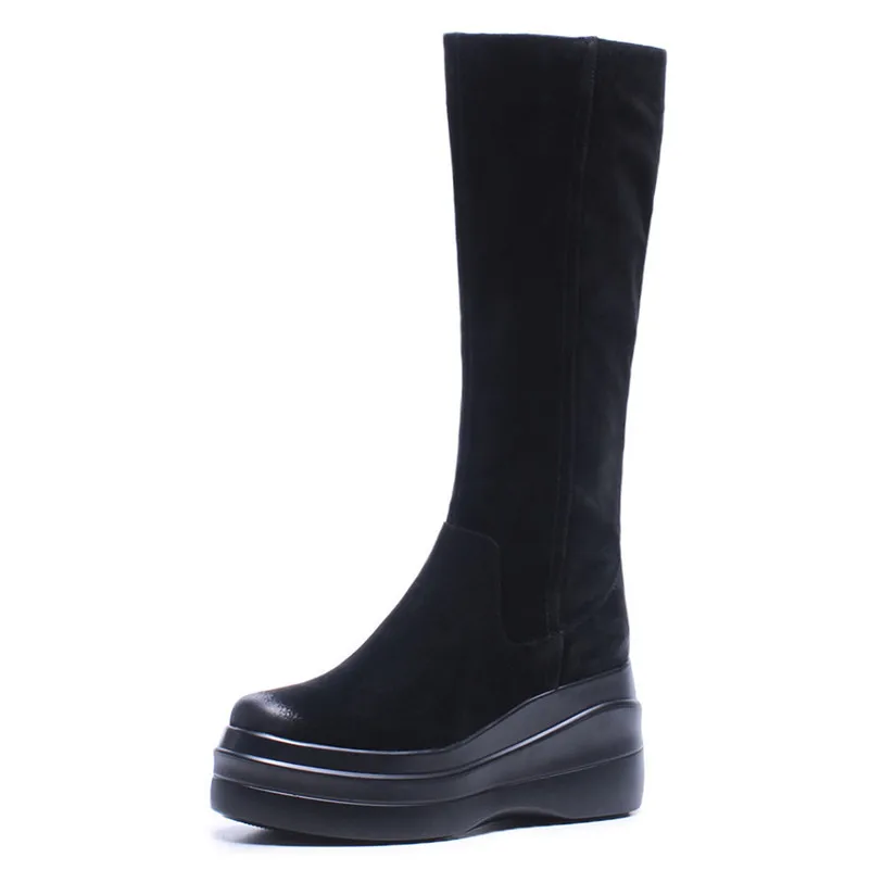Женские сапоги на танкетке FEDONAS черные до колена высокой платформе теплая