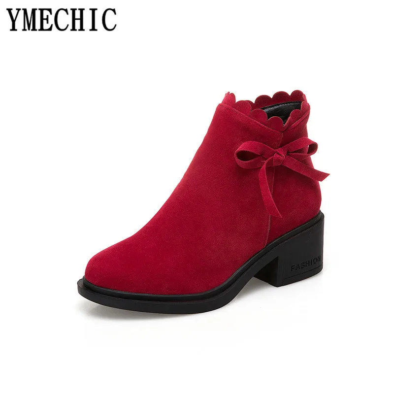 Женские ботильоны из флока YMECHIC красные черные бежевые короткие ботинки с