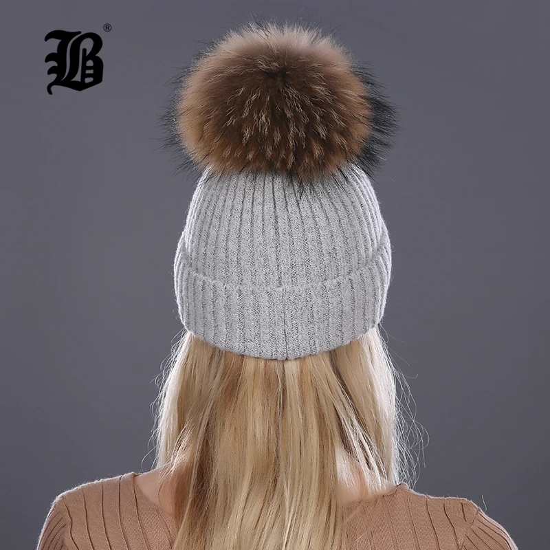 [Flb] зимняя шапка реального норки помпонами женские шляпы девушки шерсть вязаные