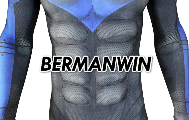 BERMANWIN Высокое качество 3D печать на заказ костюм Nightwing костюм с подкладка для мышц Batman: Arkham City Взрослый мужской косплей