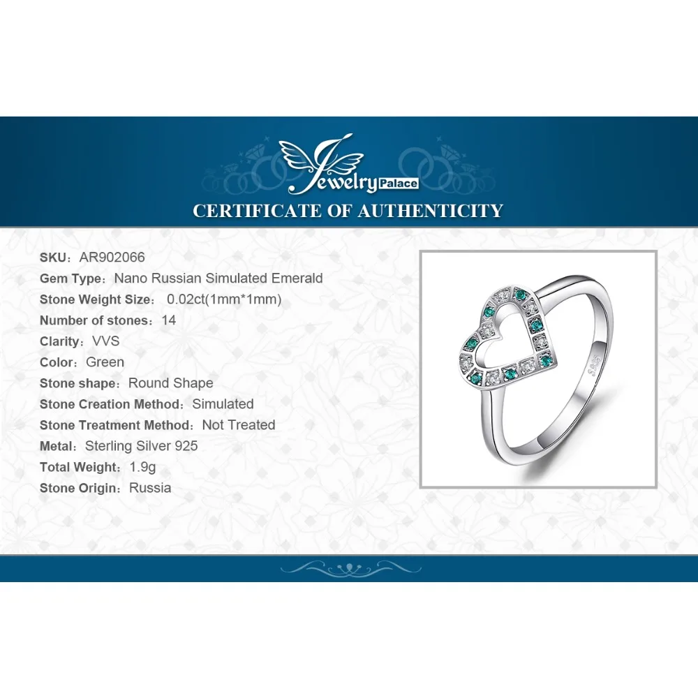 Женское кольцо с искусственным Изумрудным сердцем JewelryPalace серебро 925 пробы 0