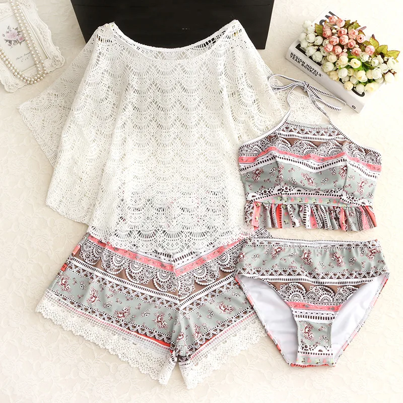 Купальник женский из 4 предметов пикантный комплект бикини с лямкой на шее мягкой