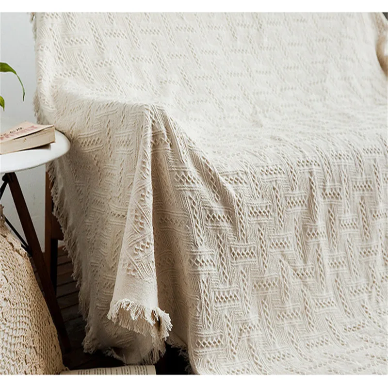 Бежевое покрывало для дивана скандинавский Хлопковый вязаный чехол кресла или