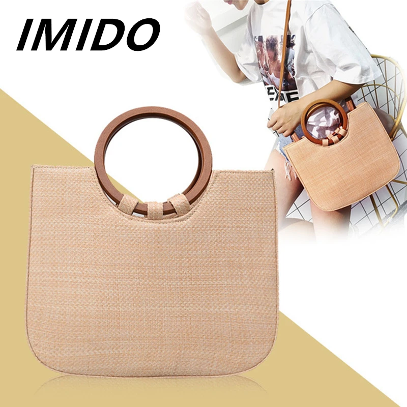 IMIDO2019 Летний стиль Dongdaemun кольцо деревянной ручкой ткачество Ms. портативный сумка
