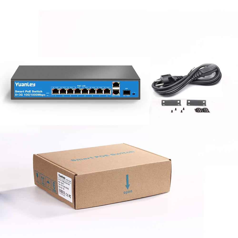 YuanLey 8 Порты и разъёмы гигабитный коммутатор питания через Ethernet, 2 Uplink порт Gigabit, 1 для программирования в производственных условиях Порты и разъёмы, 120W 802.3af/at, 1" стойки, безвентиляторный неуправляемый Plug& Play