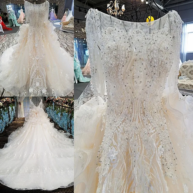 Free Shipping Formal Wedding Dresses 2019 Voile Lace Up A-Line O-Neck Appliques Boat Neck Beading | Свадьбы и торжества