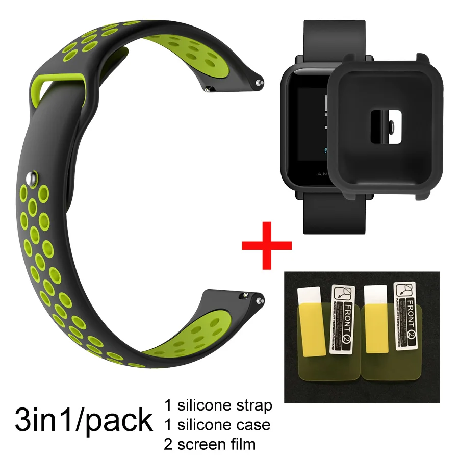 blackgreen-Blackcase 3в1 ремешок для часов Huami Amazfit ремешок Bip для Amazfit Bip чехол силиконовый ремешок защитный чехол для экрана аксессуары - Цвет: blackgreen-Blackcase