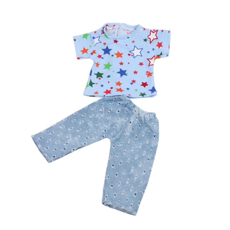 

18 inch Girls doll clothes Star print T-shirt + blue jeans American new born dress Baby toys fit 43 cm baby c531