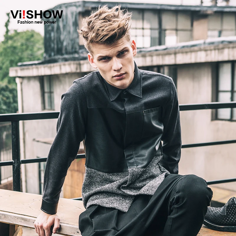 New 2016 Brand Autumn Men Slim Fit Long Sleeve Shirt Luxury Leisure leather Patchwork Male Formal Stylish camisa masculina | Мужская