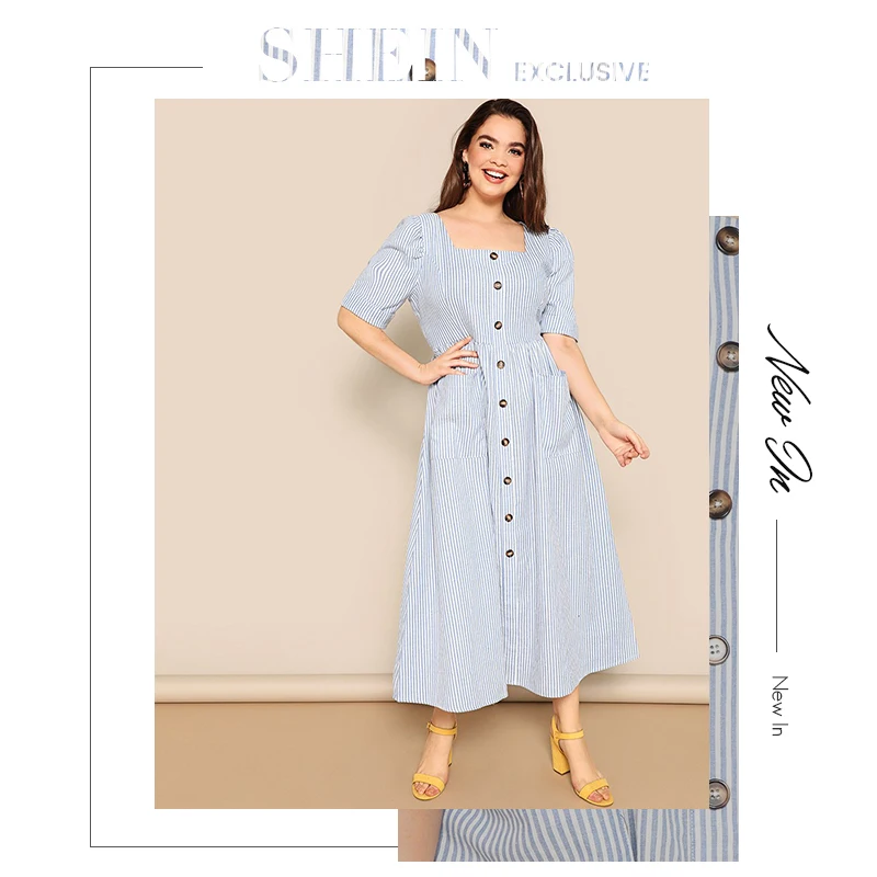 SHEIN, платье размера плюс, синее, с карманом, с заплатками, на пуговицах, в полоску, с карманом,, женское летнее повседневное Цельнокройное расклешенное платье с квадратным вырезом