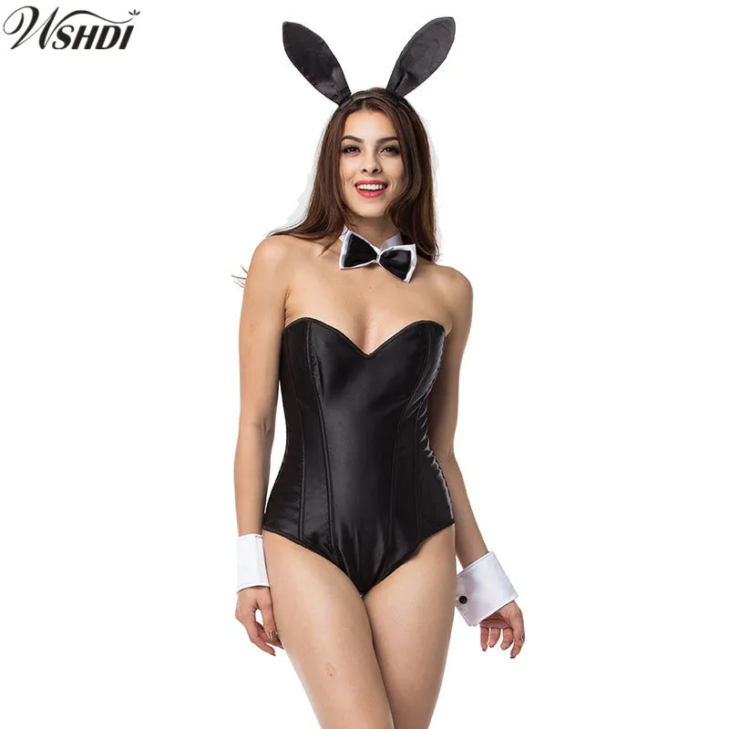 Сексуальное боди без бретелек с кроликом черный атласный и сетчатый костюм для