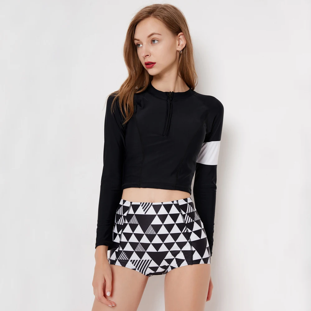 Высокая шея Rash Guard 2019 Для женщин комплект бикини купальники одежда с длинным