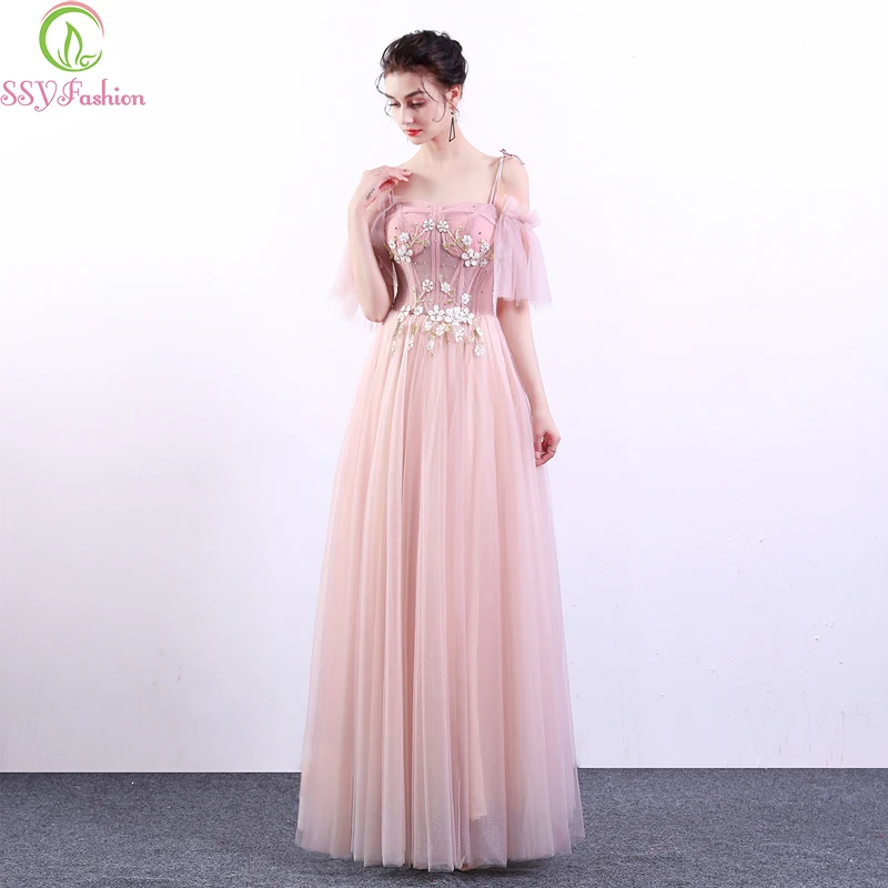 Женское вечернее платье до пола SSYFashion розовое с кружевной аппликацией и вырезом