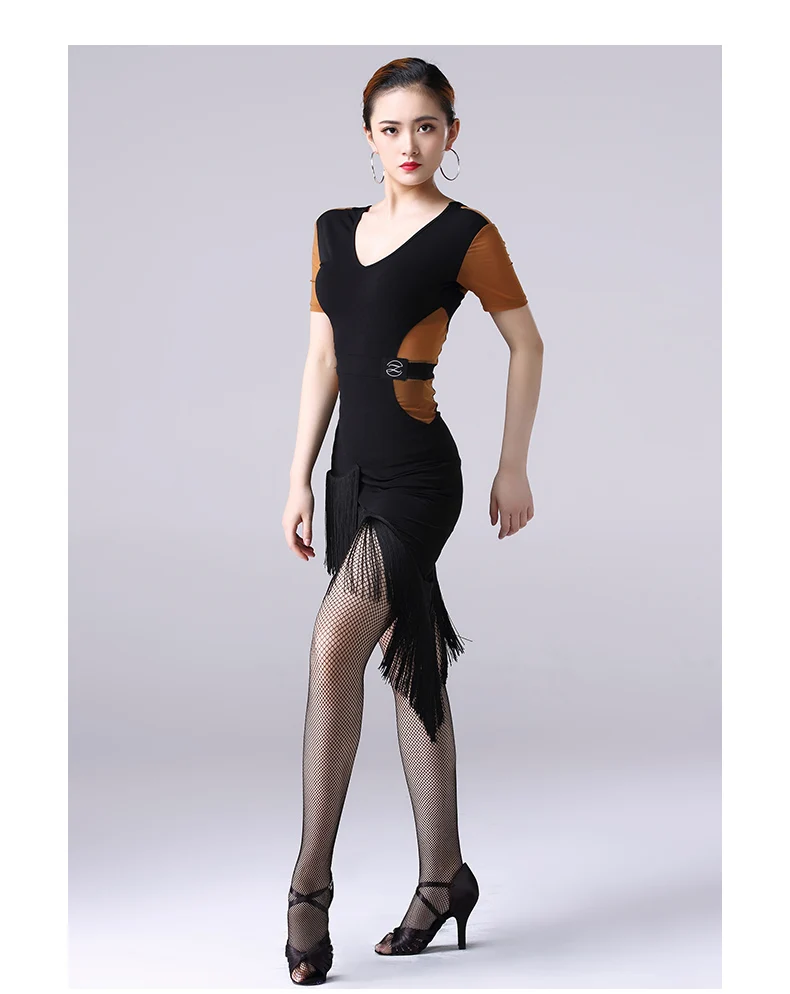 Latin Dance Dress Adult Female Sexy V-Neck Fringed Short Sleeve Dresses For Women'S Ballroom Samba Practice Dance Clothes DL3988