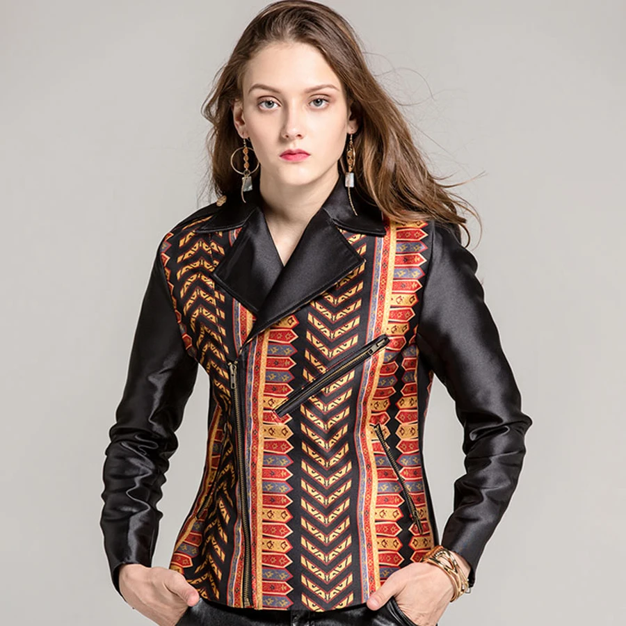 

Wholesale Runway Jackets New Fashion Women Print Turn-Down Collar Full Sleeve Black Sheath Zipper Jackets