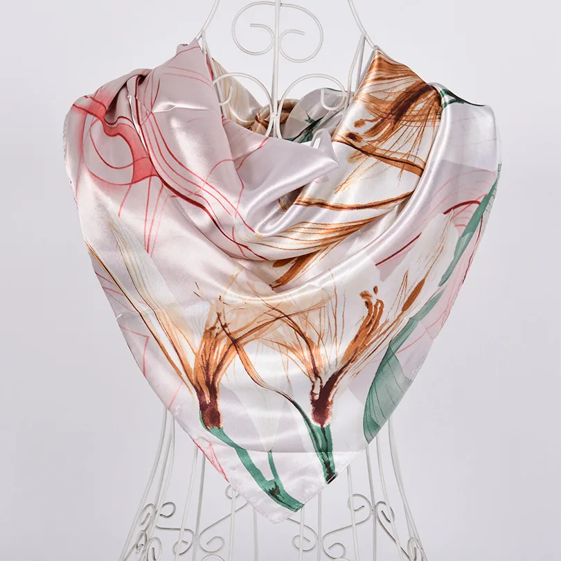 khaki pink Новое поступление женский шелковый шарф, модные аксессуары атласные большие квадратные женский шарф с принтом, дизайн бежевая шелковая шаль 90*90 см - Цвет: khaki pink