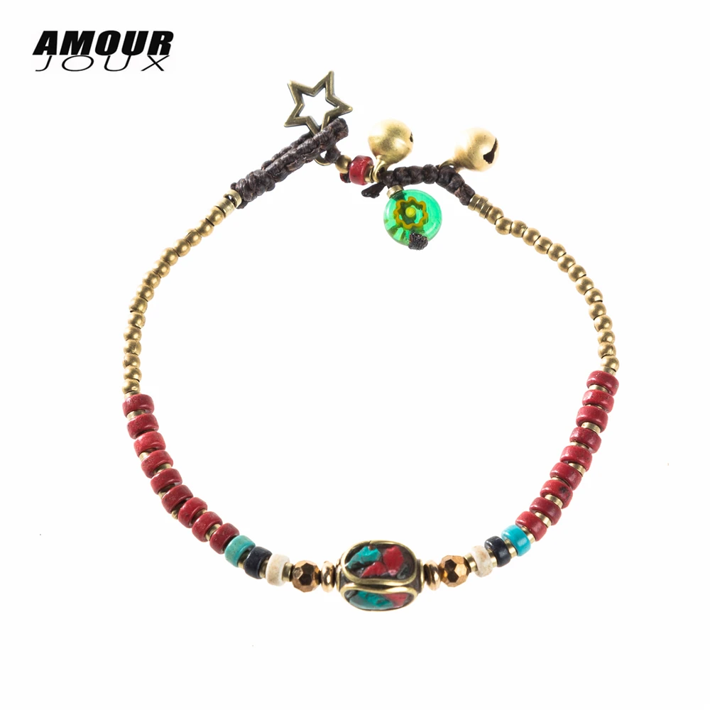 

AMOURJOUX Handmade Vintage Green Beads Ethnic Charm Bracelet Gold Color Beaded Chain Sting Bracelets For Women