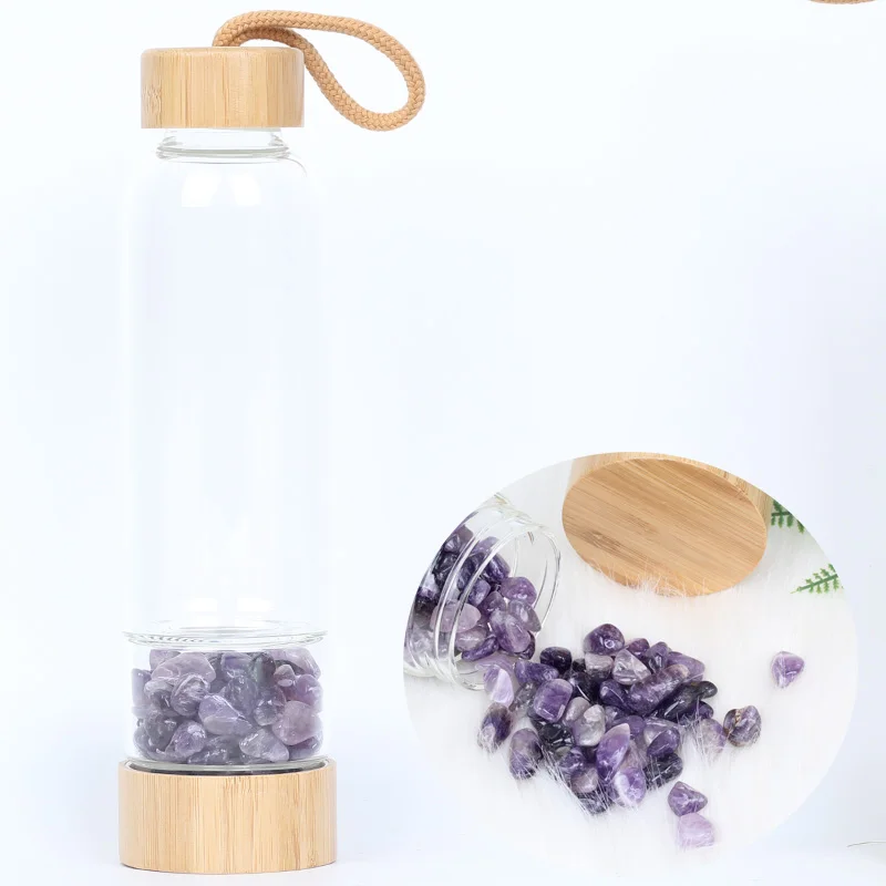 Dream Amethyst Кристаллическая бутылка для воды с драгоценным камнем, бамбуковым камнем, кристаллическая стеклянная бутылка с гравием, неравномерный камень, бутылка для воды для напитков - Цвет: Dream Amethyst