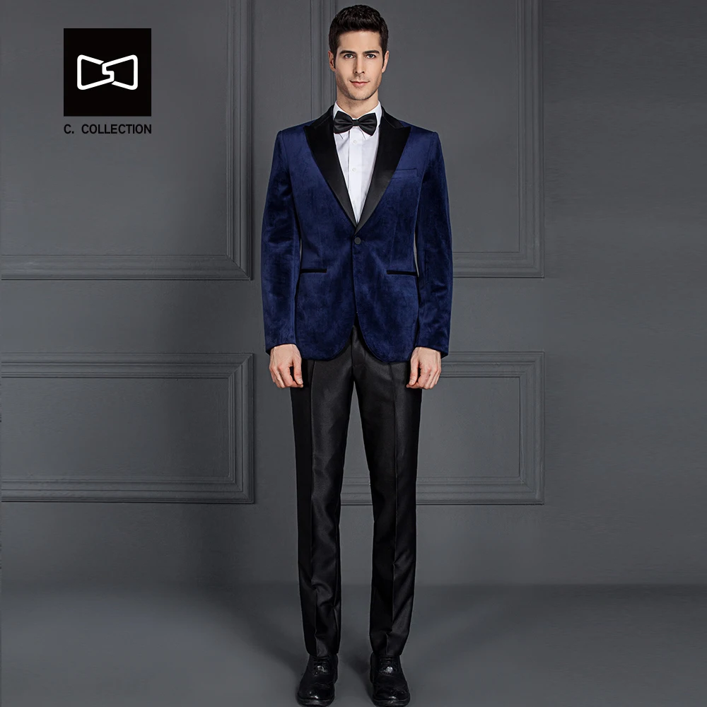 Заказ Для мужчин бархат синий костюм Slim Fit Свадебный смокинг 2 шт.