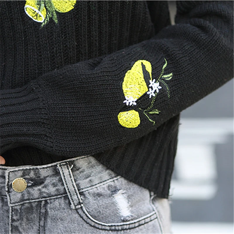 Hiqh качественные женские свитера 2017 Корейская Новая мода лимонная вышивка