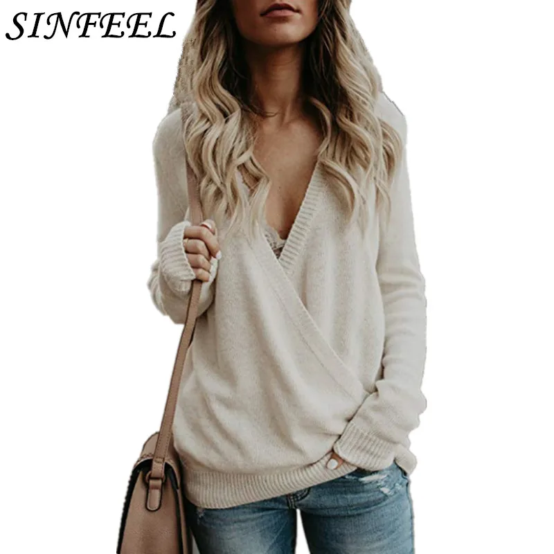 Winter Sexy Deep V-Neck Twist Knitted Sweaters Women Long Sleeve Sweater Femme 2018 Autumn Outwear Pullover jersey mujer | Женская