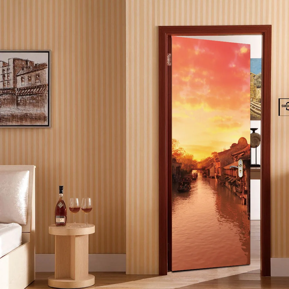 

Orange Town River Scenery Decal Art Decor Wall Window Door Sticker Removable Mural Poster