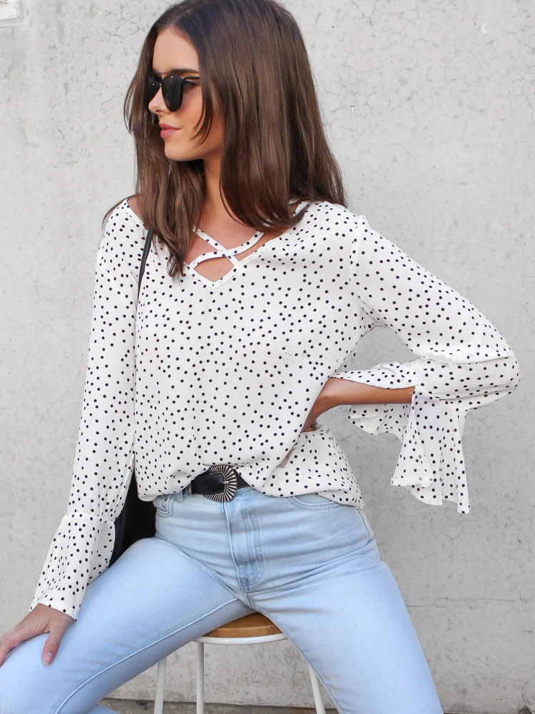 AVODOVAMA M Women Blouses 2019 Spring Casual Polka Dot Slim Shirts Sexy V Neck Long Sleeve Fashion Flare Ruffles Tops |