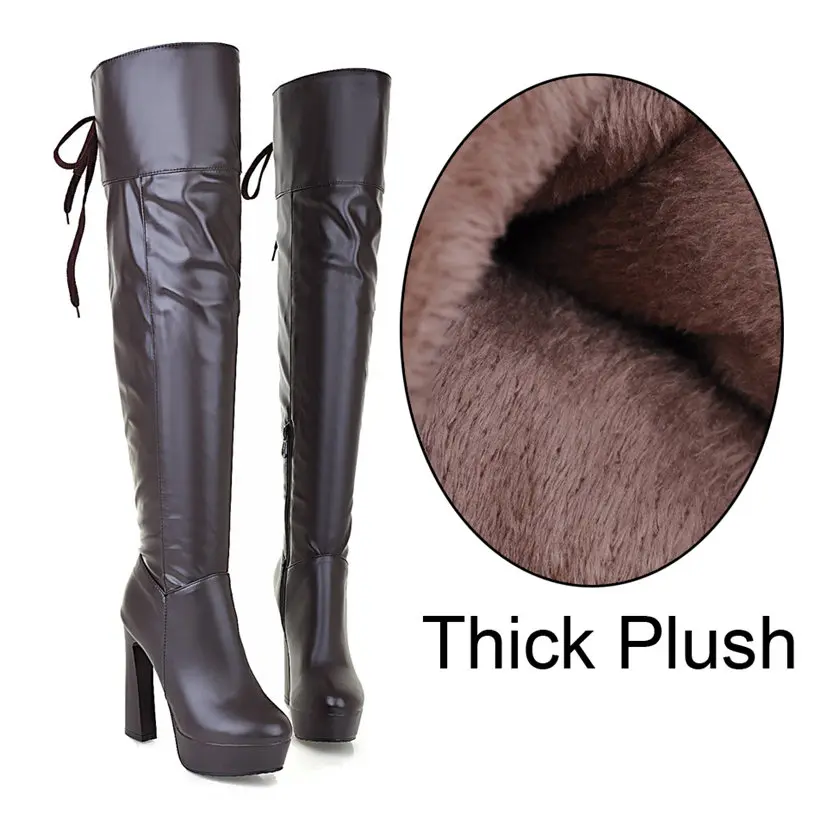 Brown Thick Plush Зимние женские Сапоги выше колена из эластичной искусственной кожи с плюшевой подкладкой высокие сапоги до бедра на платформе с высоким массивным каблуком 12 см и круглым носком, на шнуровке, на молнии - Цвет: Brown Thick Plush