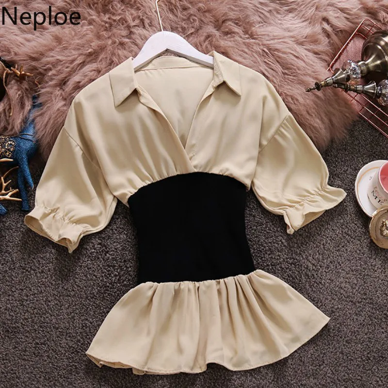 Neploe Chiffon Women Blouse Summer 2019 New V-Neck Puff Sleeve Blusa Fashion Slim Waist Ladies Tops 44599 |