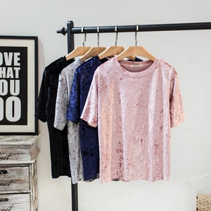 Новое поступление, Женская Вельветовая футболка, летний топ из вельвета с коротким рукавом, женская Свободная рубашка, велюровые футболки