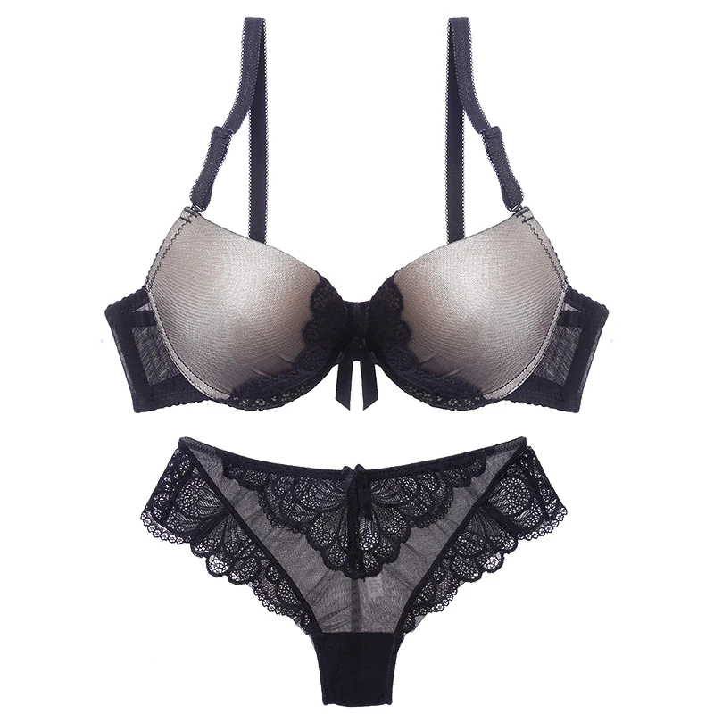 BLACK Set Lilymoda, женский бюстгальтер, сексуальный, кружевной, Бабочка, набор, пуш-ап, нижнее белье, женский бюстгальтер, красивое нижнее белье, бюстгальтер, бесшовный, с вырезом - Цвет: BLACK Set