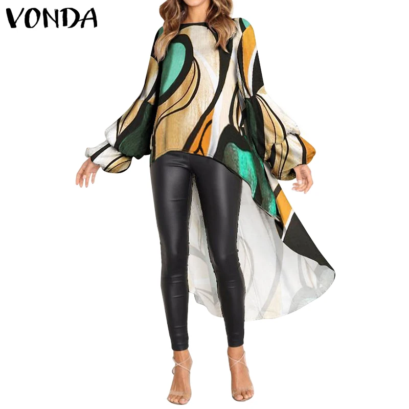 VONDA, женская блузка, рубашка,, осенняя, сексуальная, для беременных, винтажная, с неровным подолом, с длинным рукавом, с принтом, для беременных, топы, Blusas Femininas 5XL