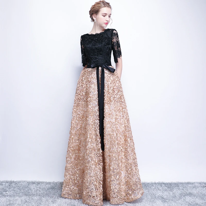 Женское винтажное вечернее платье Черное и Шампанское трапециевидной формы с