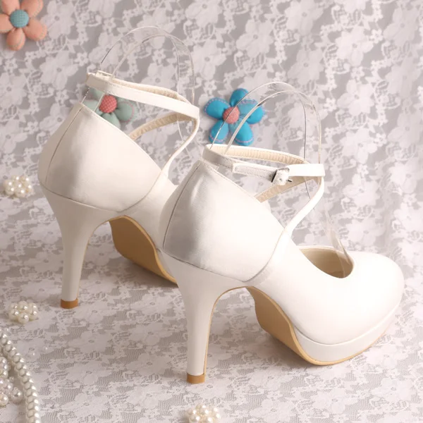 Белые атласные свадебные туфли на платформе обувь для выпускного вечера высоком