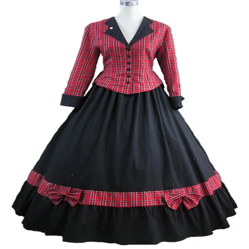 

Red Plaid Long Sleeves Women's Victorian Dress Cosplya Desses