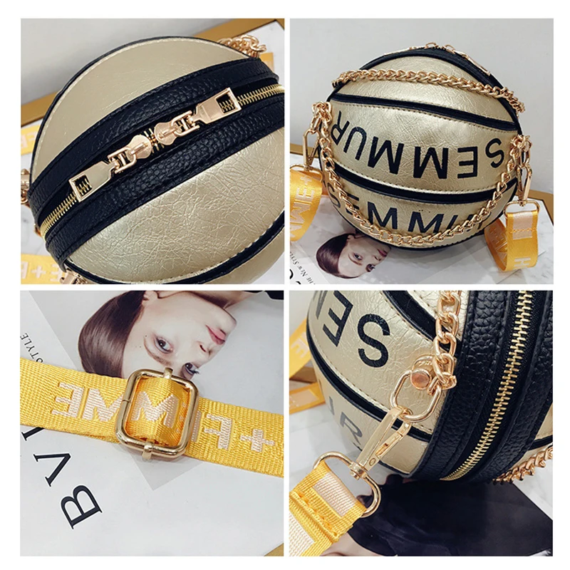 

Women Personality Fashion Basketball Bag Circular Handbags Letter Lady Chain Shoulder Bags Panelled Leather Crossbody SS3540