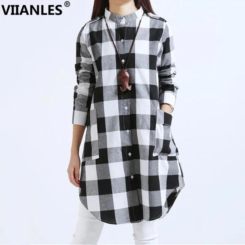 VIIANLES, клетчатые топы, женские топы, повседневные футболки, отложной воротник, длинный рукав, фланелевая длинная рубашка с карманом, черная, белая, Сетчатая футболка