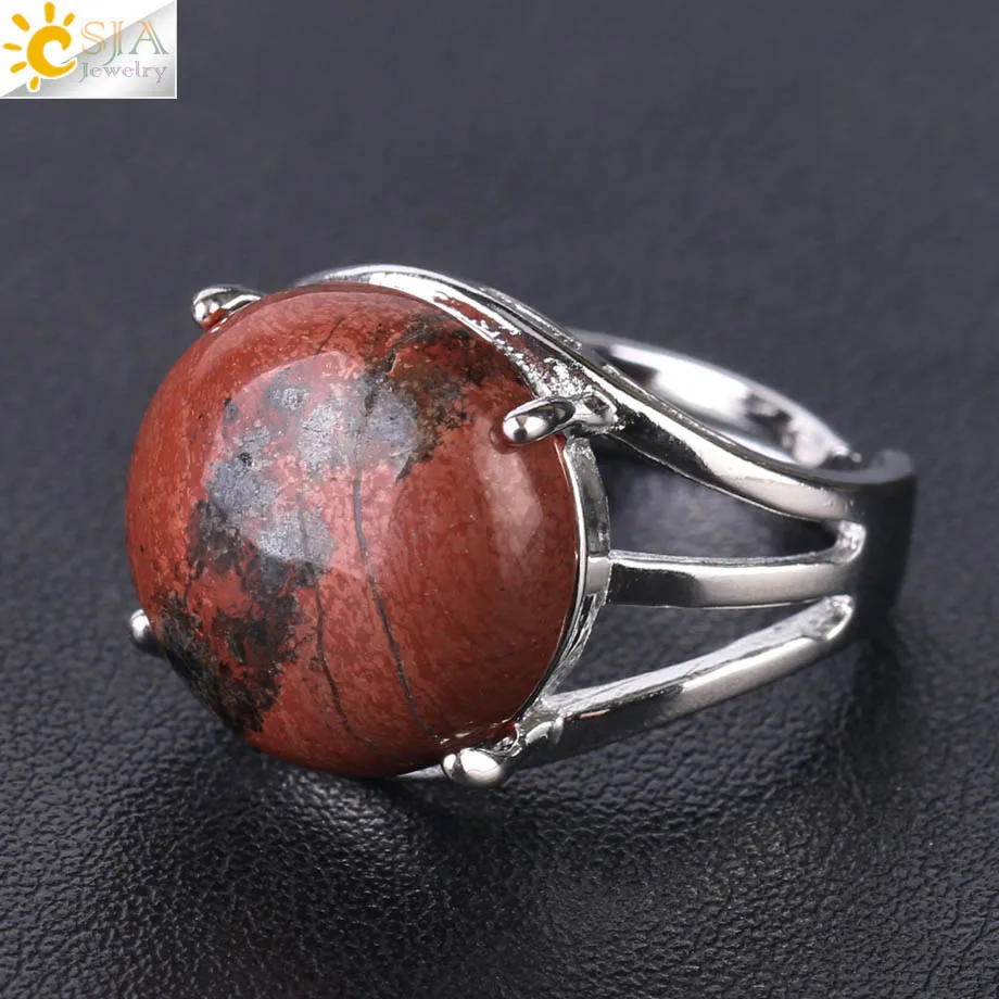 Red Jasper CSJA уникальное кольцо для женщин, натуральный камень, круглые бусины, повседневные кольца на палец, Фиолетовый Кристалл, кварц, серебряный цвет, вечерние ювелирные изделия F476 - Цвет основного камня: Red Jasper