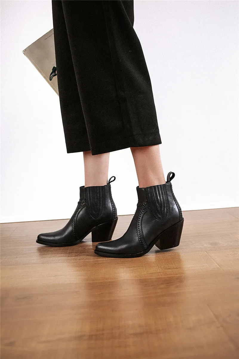 FEDONAS Women High Heels Ankle Boots Autumn Winter Genuine Leather Motorcycle Chelsea Boots Fashion Party Dancing Shoes Woman